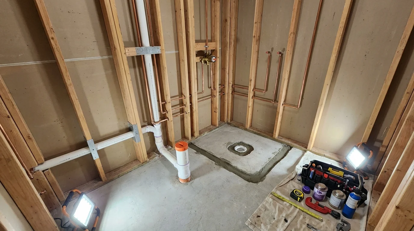 Bathroom rough-in plumbing during remodel by Johns Plumbing LLC in Winona Lake