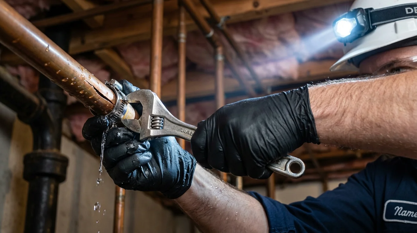 Emergency pipe clamp repair being performed by a Johns Plumbing LLC plumber in Winona Lake