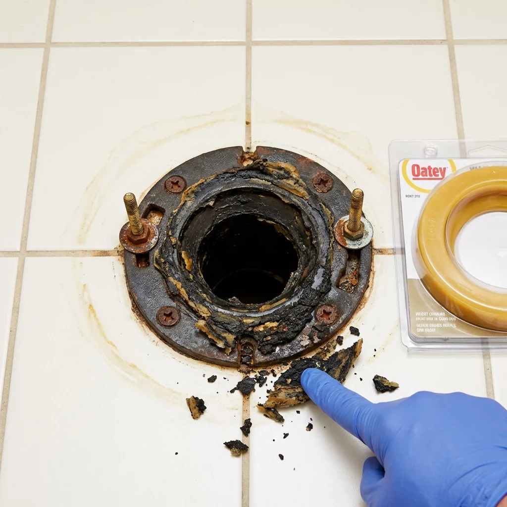 Failed wax ring showing water seepage at the base of a toilet in a Winona Lake, IN home