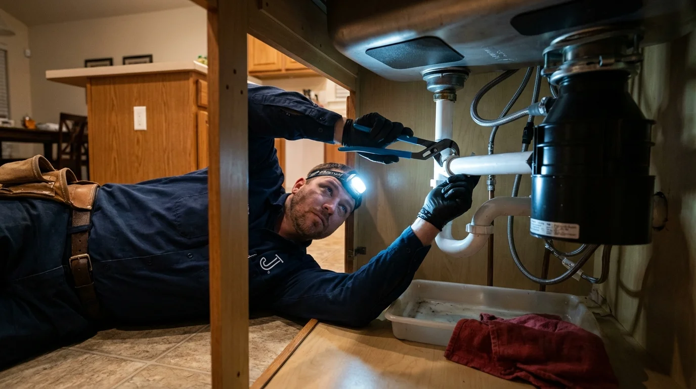 P-trap and supply line connections under a kitchen sink showing a common leak point in Winona Lake, IN